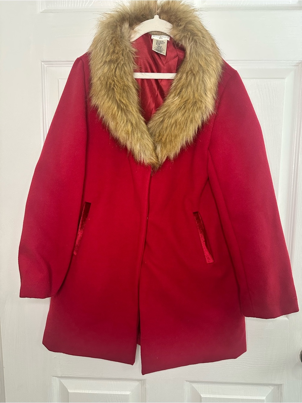 Girls Max Studio Red Pea Coat with Faux Fur Collar Size 10/12